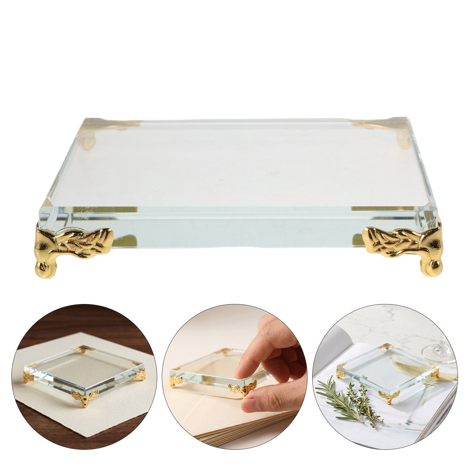 Paper Weight Crystal - Quadratischer Kristall-Papierdrückstein mit Goldrand, Metall-Eck-Papierdrückstein, Kristall-Dekorationsständer
